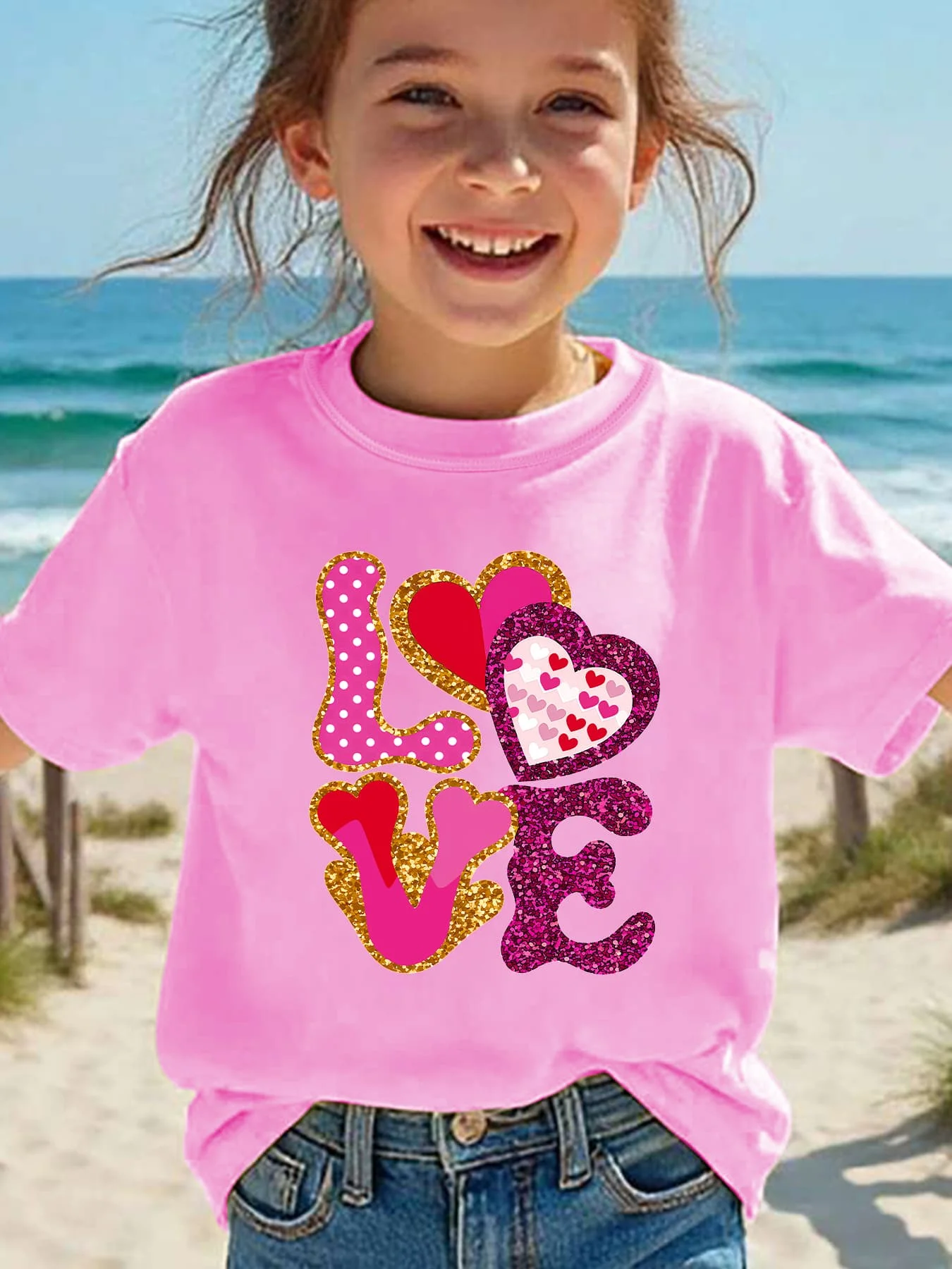 Children's Cute Girl T-Shirt with Multi Color Love and Fun Printed Girl Fashion Round Neck Short Sleeve Top Gift Children's Top