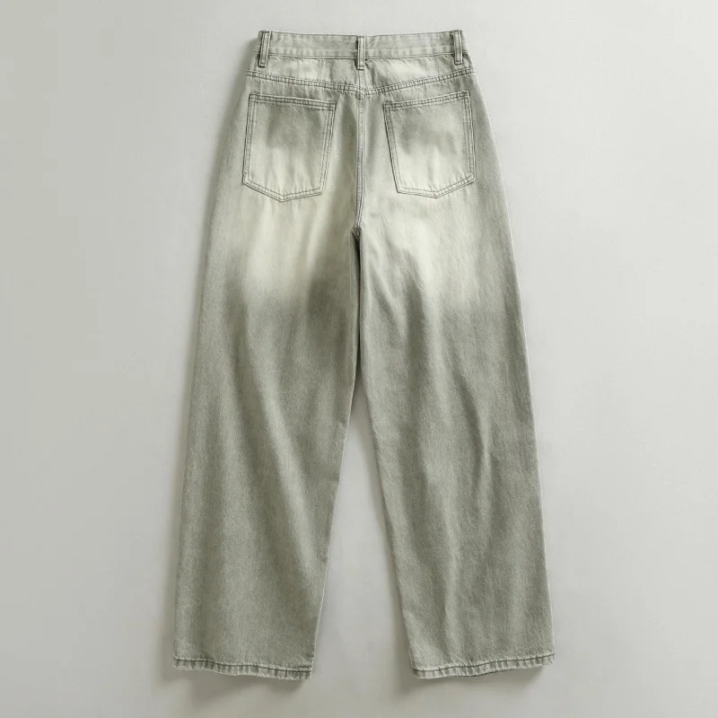 Men's Casual Long Pants in Vintage Green Retro Style with Faded Beard Pattern, Loose Fit, Wide Straight Legs, Korean High Street