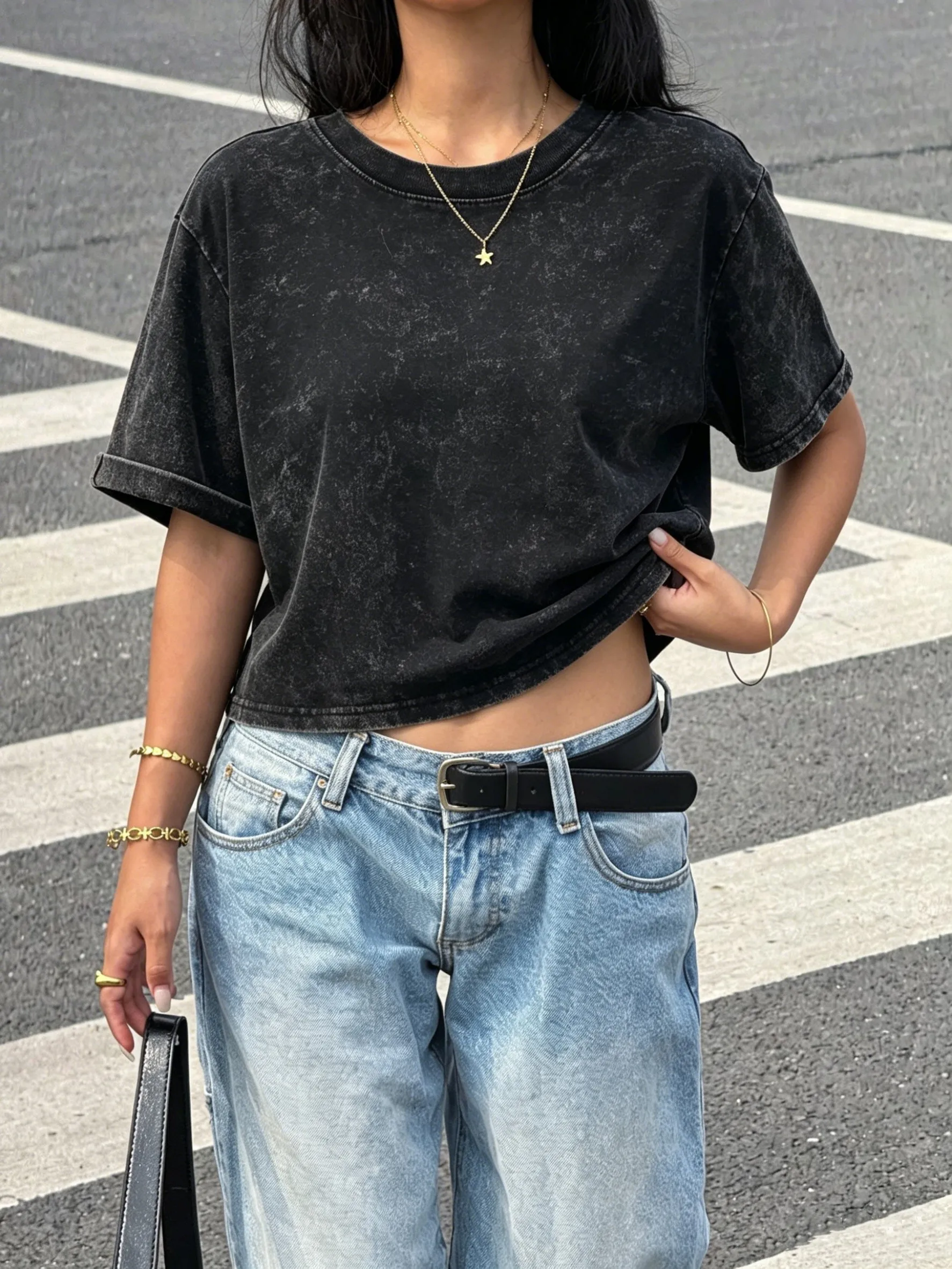 S-2XL Street Washed Womens T-Shirt Casual Loose Trendy Crop Top Hip Hop Retro Y2K Short Sleeve Youth All-Match Cool Clothing