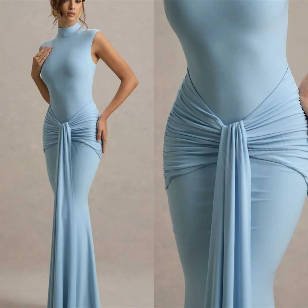 

Customized High Quality Blue Jersey Evening Dress Elegant Graceful Crew Neck Short Sleeves Zipper Back Homecoming Dress