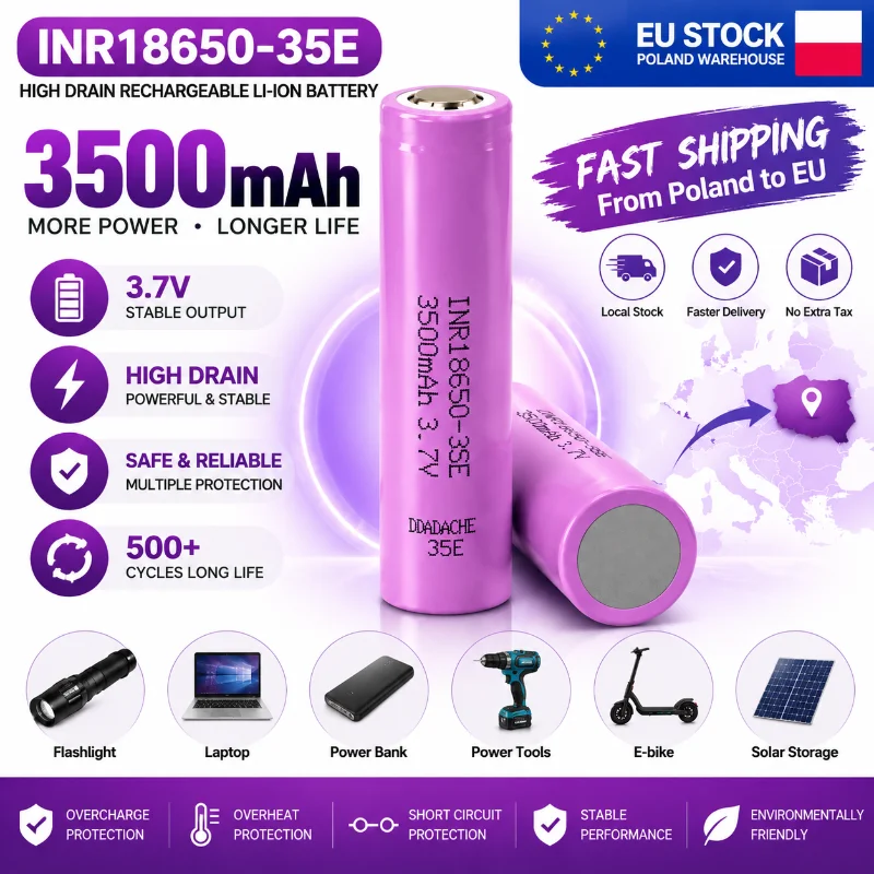 INR18650-35E 18650 Akku 3,7V 3500mAh 25A Hochleistungs-Lithium-Ionen-Akku mit echter Kapazität, Premium-Qualität, lange Lebensdauer, über 500 Zyklen, Sicherheitsschutz für Taschenlampen,