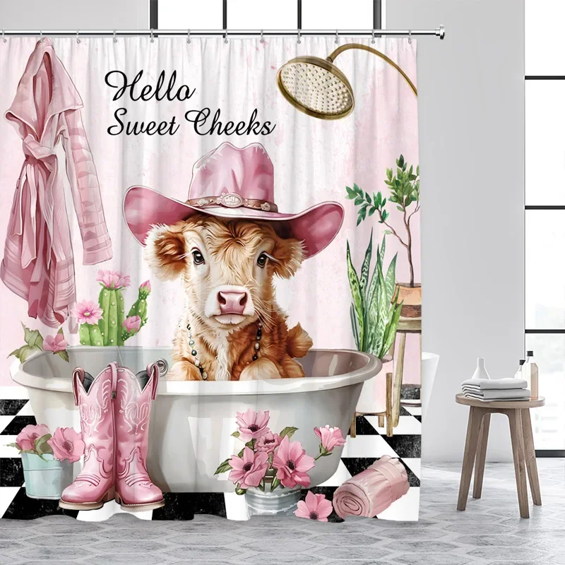 

Bathing Highland Cattle Shower Curtains Funny Farm Animal Cactus Plant Pink Bath Curtain Set Polyester Bathroom Decor with Hooks
