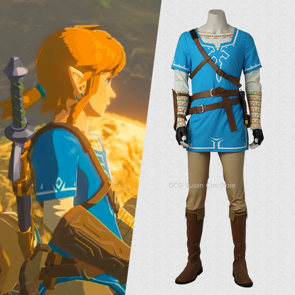 حار بيع! زي Zelda Breath of the Wild Link التنكري - تي شيرت رجالي قصير الأكمام وسراويل طويلة - مثالي لمحبي الألعاب