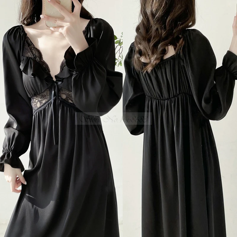 

Elegant Palace Style Princess Homedress Women Satin Sleepwear Bath Robe Spring Summer Long Nightgown Loose Home Dress Loungewear