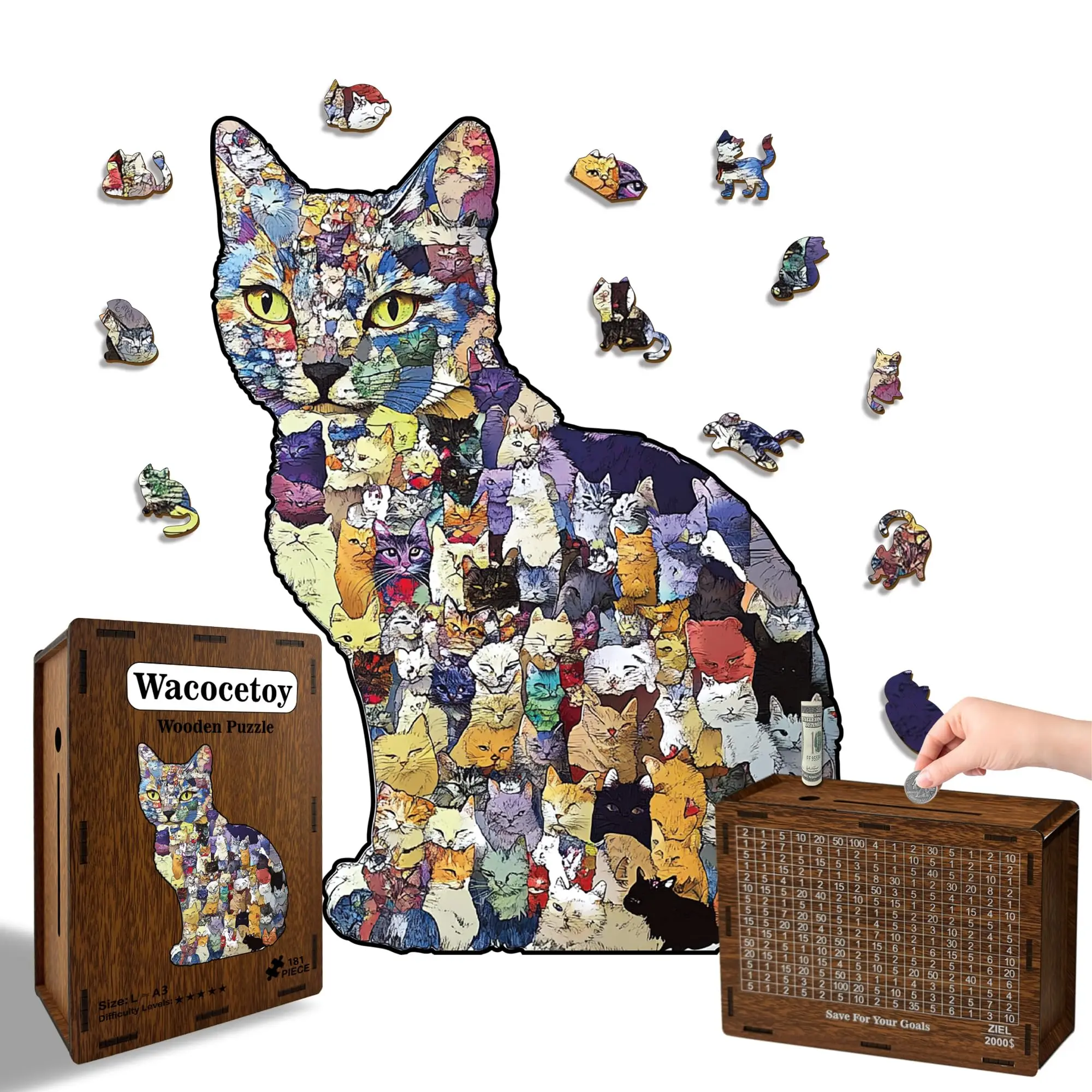 Unique Wooden Cat Jigsaw Puzzle - Animal Shaped Decorative Puzzle for Adults & Kids, Creative Gift with Piggy Bank Box