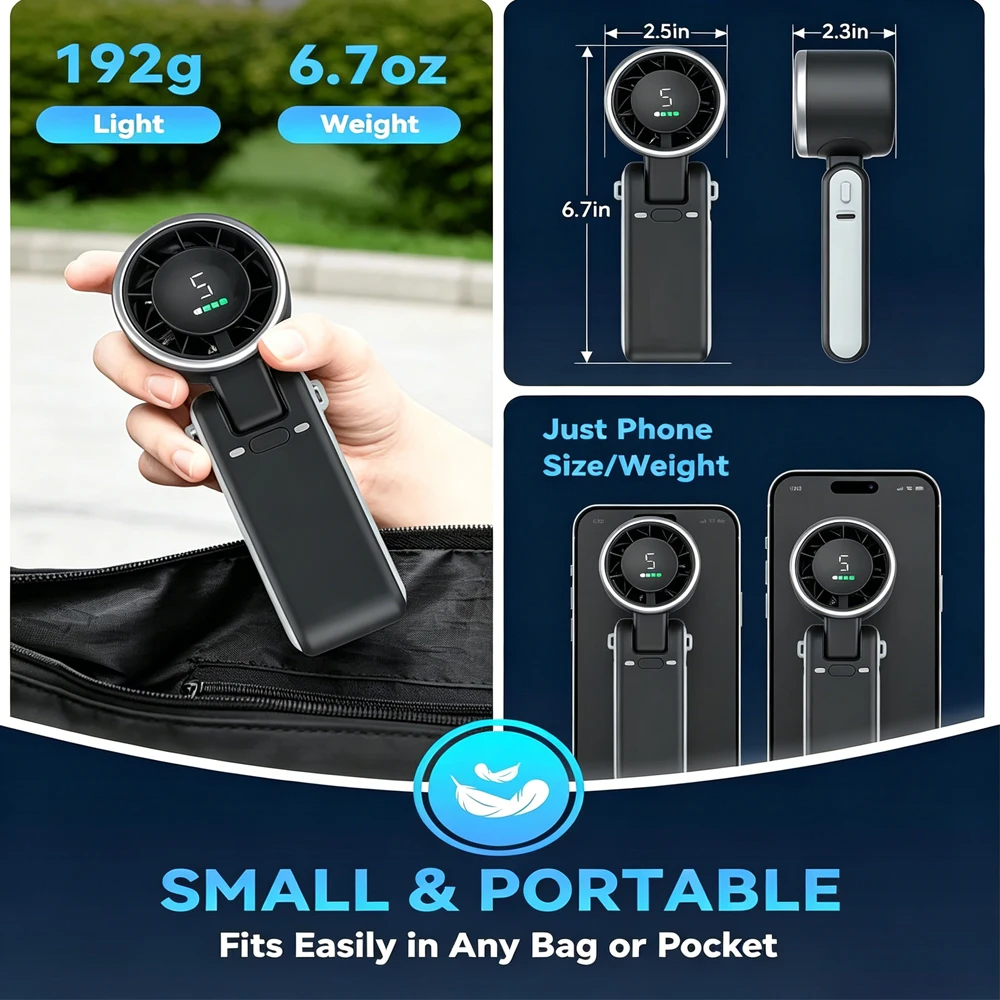 5 Speed Handheld Mini Fan Foldable Mini Fan Portable Desk Outdoor Neck Hanging USB Rechargeable Fan Phone Stand Display Screen view 6