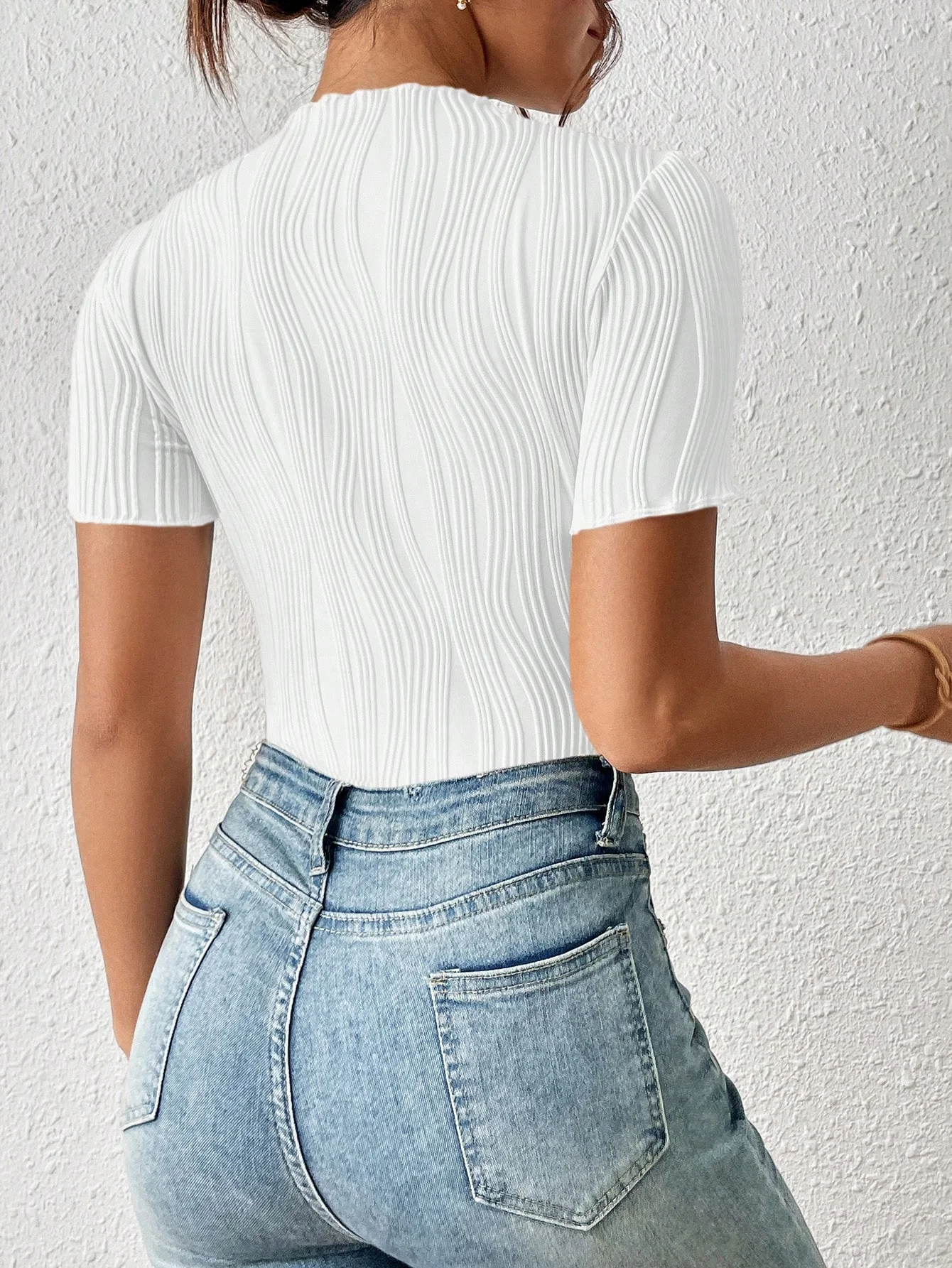 Women's T-shirt onesie solid color wavy texture feel tight slim short-sleeved onesie all-match bottom outside wear summer