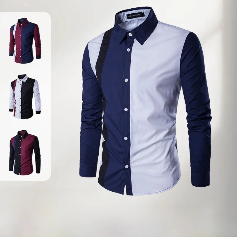 

Men's Casual Long Sleeve Slim Fit Shirt Youth Patchwork Neck Polyester Fiber British Style Daily Wear Spring Summer