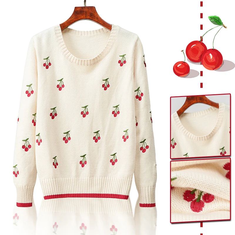 Pretty Cherry Sweater Pullovers Jumper Women O-Neck Sweater Autumn Winter Embroidery Cherry Knitted Pullover Loungewear