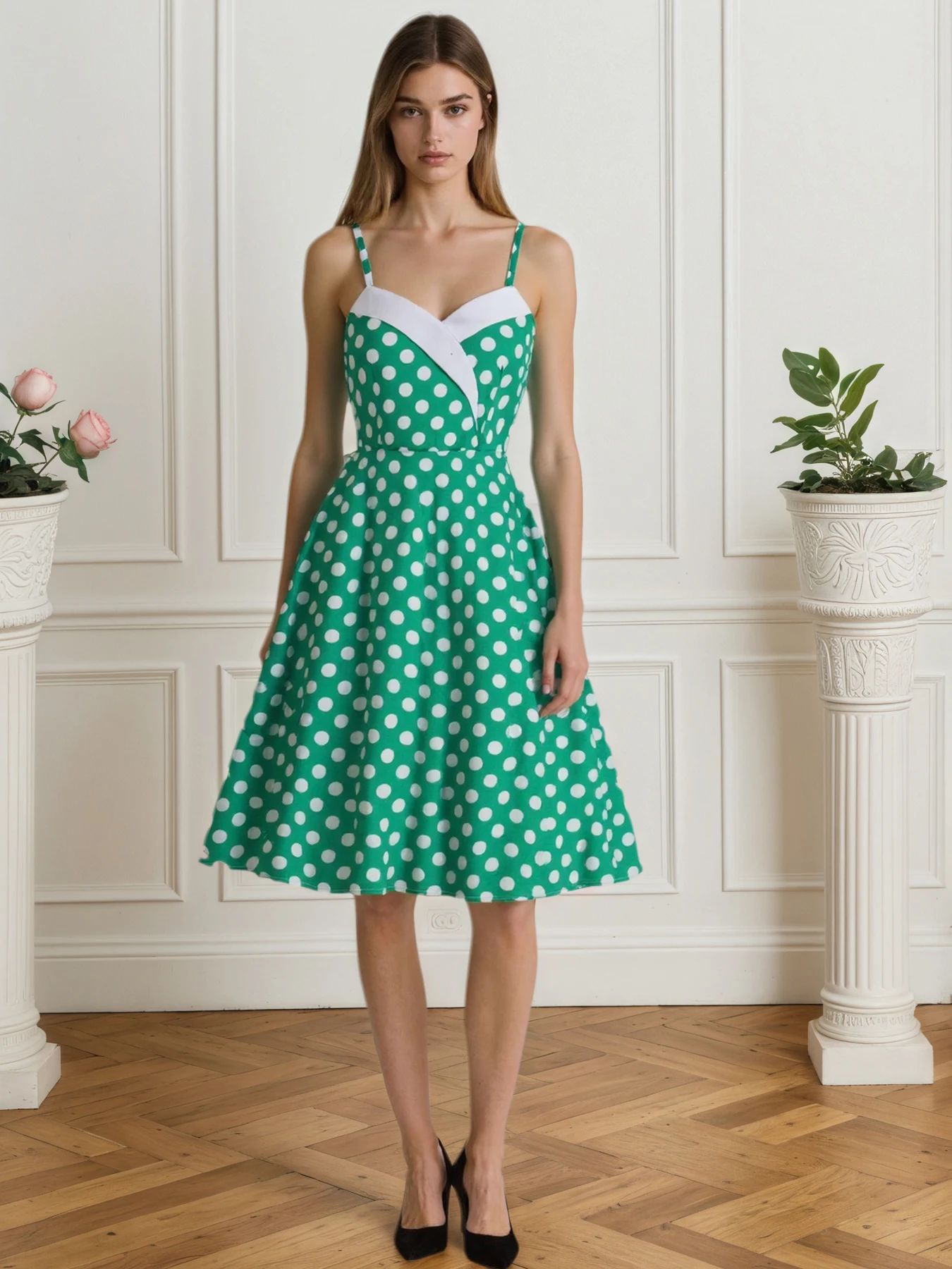 Tonval Abiti vintage anni '50 con cinturino per spaghetti a pois per le donne Abiti da festa Abito in cotone verde svasato e vestibilità senza schienale