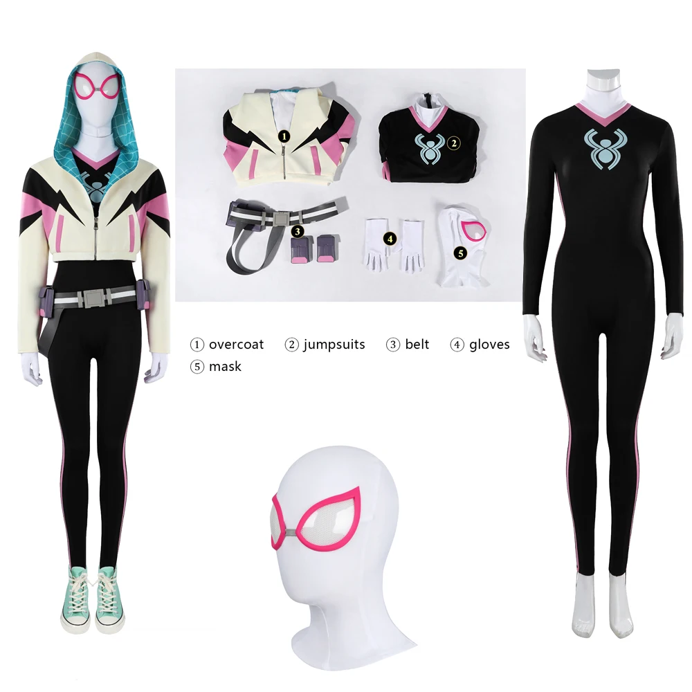 

2026 Your Friendly Neighborhood Gwen Cosplay Fort Pink Ghost Costume Leather Zentai Jumpsuit Shoes Props Mask Set Party Woman