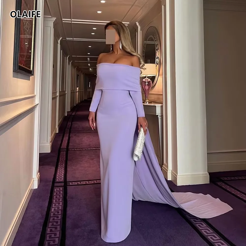 Robe de Soirée de Forme Sirène en Satin artificiel astique, Élégante, Mauve, Lavande, Manches Cape, Dubaï, Bal, Arabe, 2024