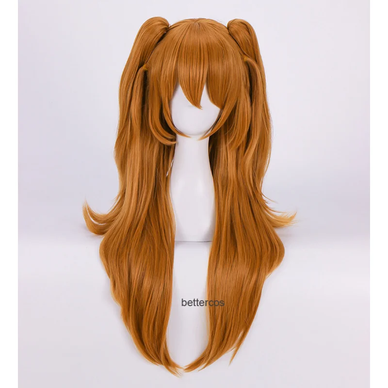 Anime Neon Genesis Evangelion Asuka Cosplay Wig Orange Tiger Mouth Clip Double Ponytail Long Wig Set