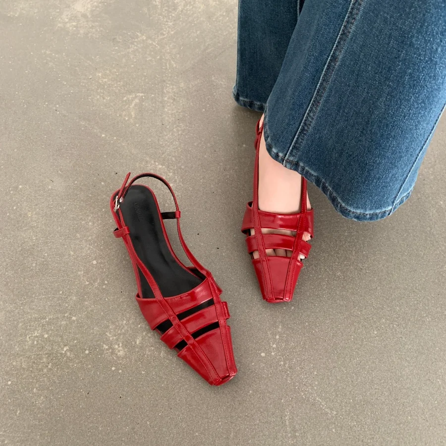 

Red Heels Shoes Ladies Gold Pumps Summer Square Toe Slingback Shoes 5cm Low Heels Office Shoes Openwork Design 2026 New Arrivals