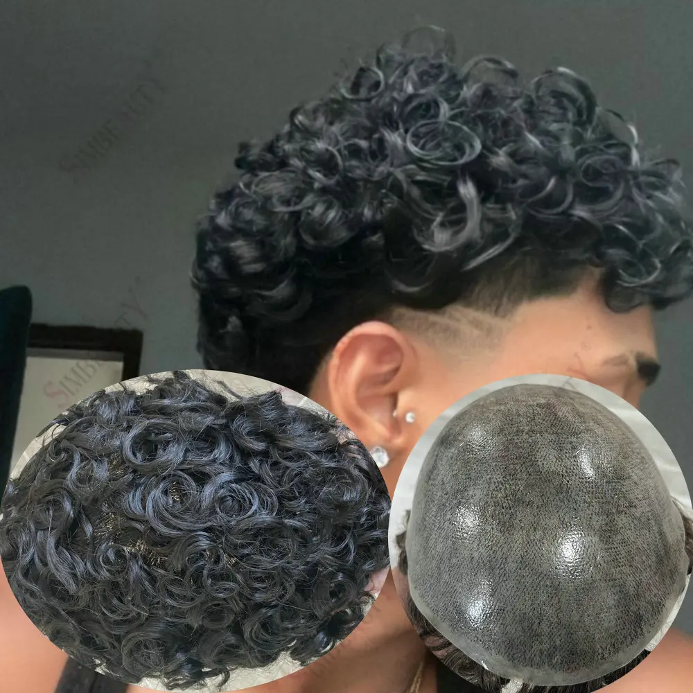 

Супер прочный полный PU основа 20 мм вьющийся мужской парик человеческие волосы парик капиллярный протез мужская система замены волос для мужчин