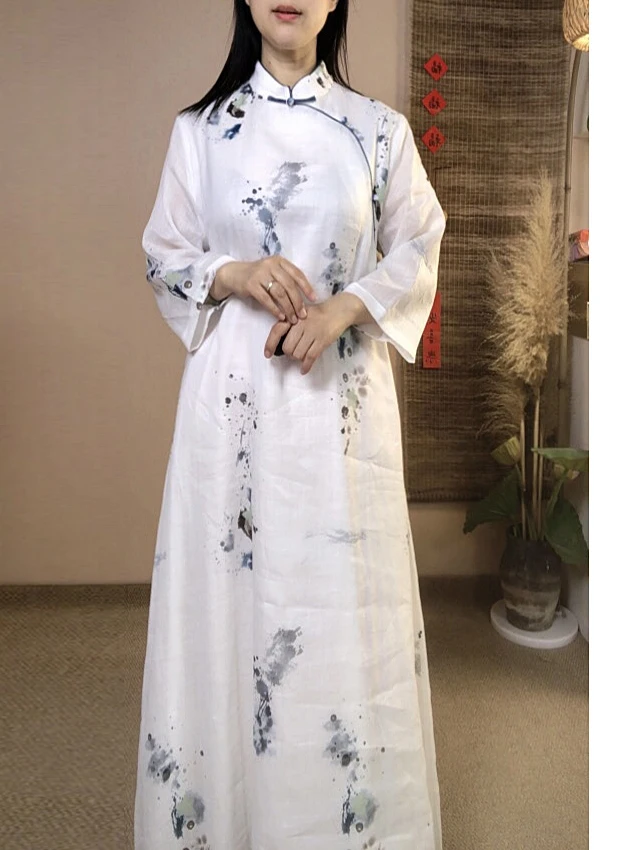

New Chinese Sle White Flax Ink Print Dr Retro Artistic Stand Collar Button Flag Robe Loose Waist A-Line Skirt Summer Dr