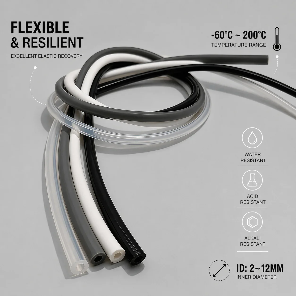Food Grade Silicone Hose ID 2-12mm High Temperature Resistant and Anti-aging Flexible Silicone Hose Black/White/Gray/Transparent