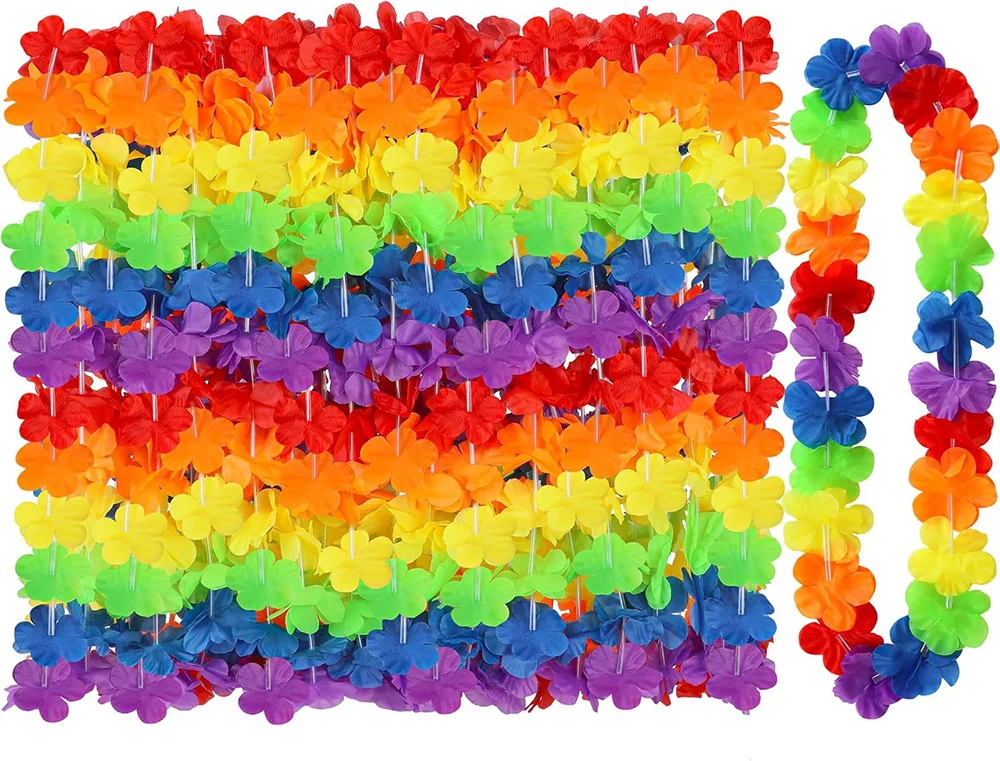 

10/15/20 PCS Rainbow Hawaiian Flower Leis Bulk Tropical Luau Party Garland Colorful Floral Lei for Summer Beach Party Decoration