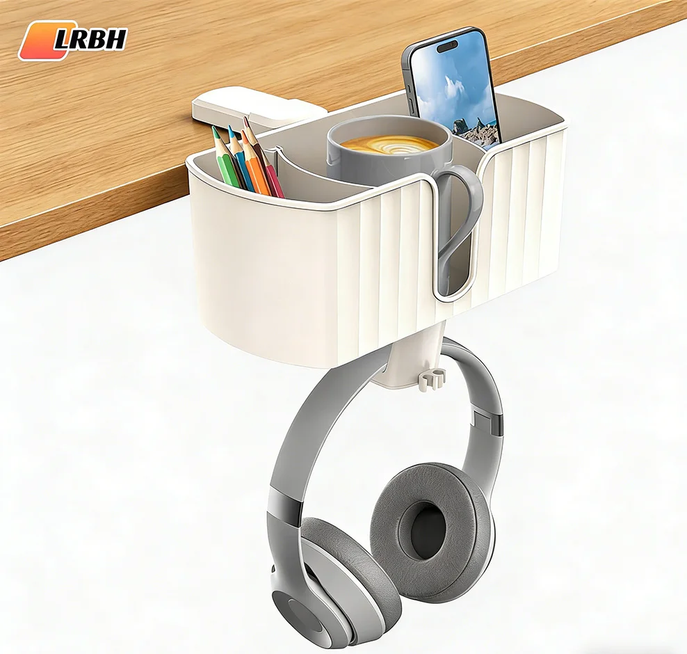 

4-in-1 Desk Organizer - Under Desk Cup Holder and Headphone Hanger with 2 Wire Holes - Rotating Hanger，for Cup, Phone and Pen