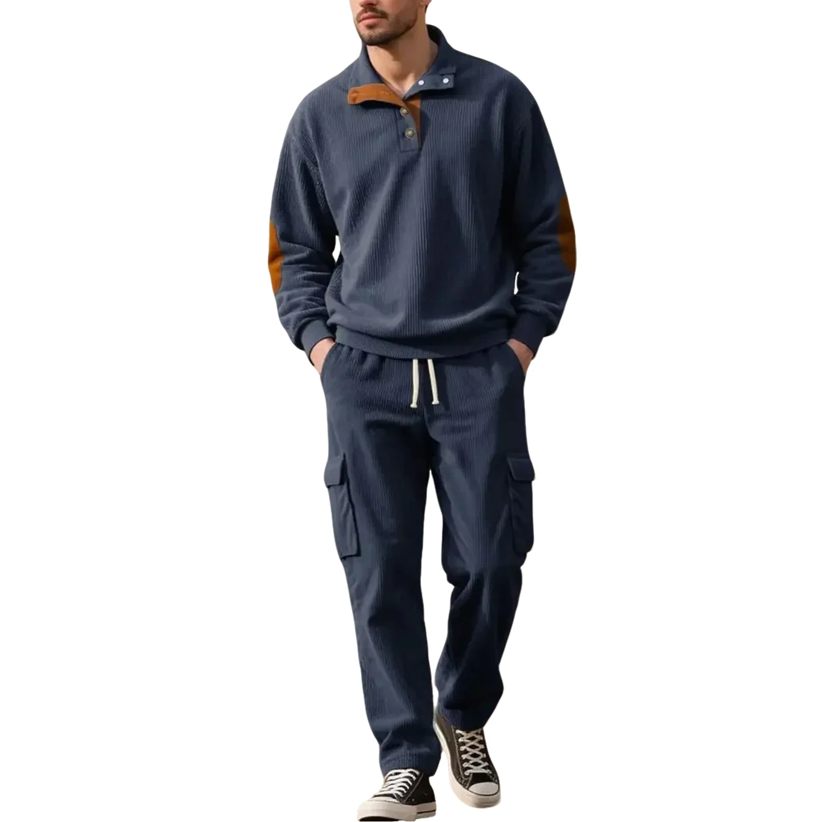 Męski kombinezon ze sztruksu ze stójką, zapinany na zamek, męski jesienno-zimowy ciepły, luźny, pluszowy, gruby kombinezon z kapturem i nadrukiem.