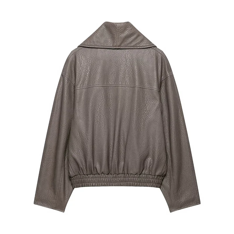 Guobioziy Women's Jacket 2026 Fall/Winter New Gray Long-Sleeve Faux Leather Loose-Fit Parka Biker Stylish Casual