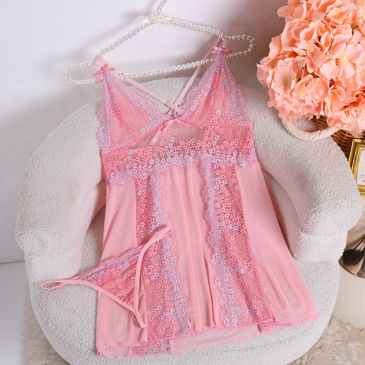 Sexy Summer Floral Pink Deep V-neck Pajamas Women's Fashion Cute Lingerie Set Clothing Soothing Soft Sleeveless Bra And G-string