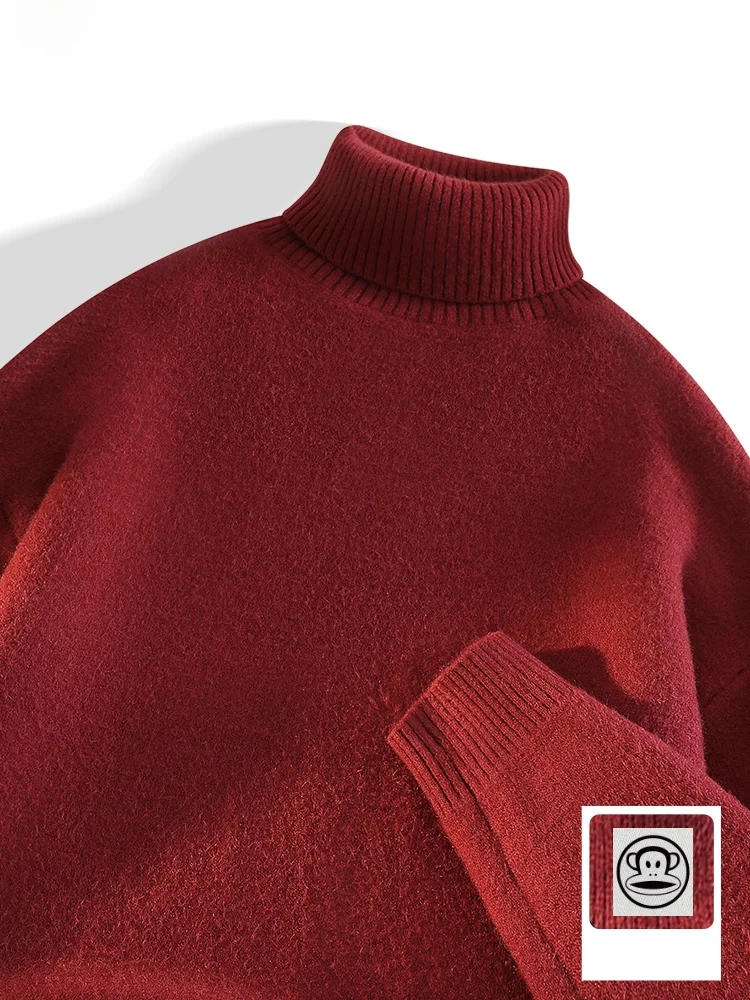 

Red Wine Color Knitted Sweater Men's Winter Thiened Retro Casual Top Large Mouth Monkey Pattern Soft Nylon Fiber