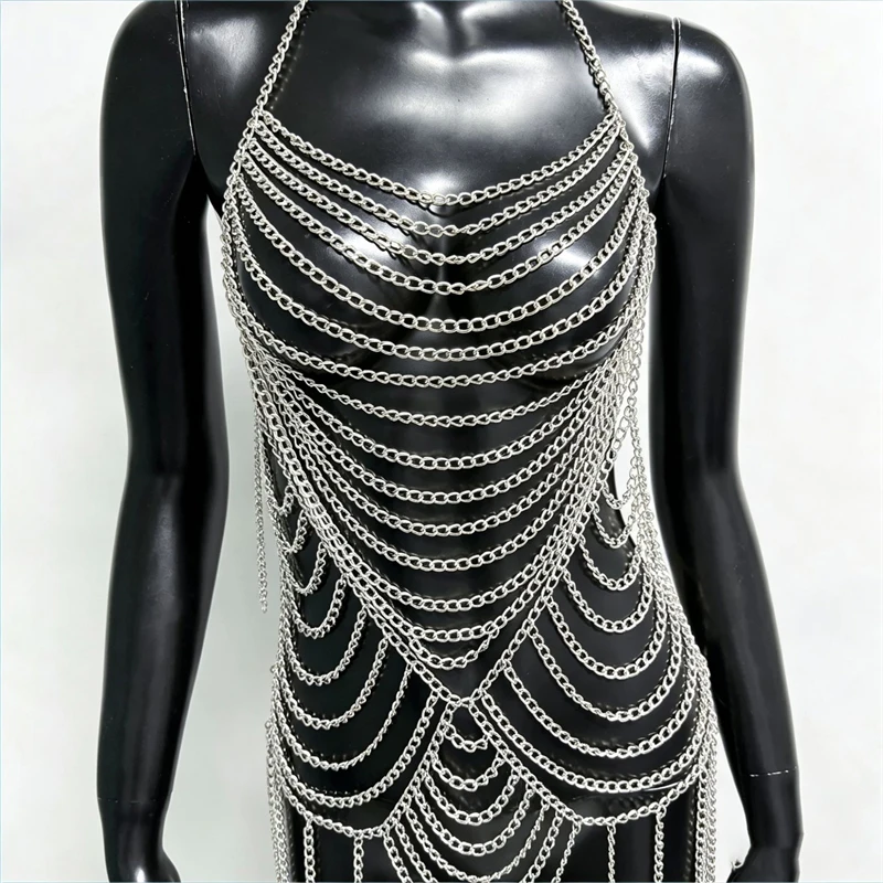 Damen Silberne Halter-Bodykette, Mehrschichtiger Quasten-Harness, Körperschmuck, Langer Fransen-Bodykleid für Club, Rave, Festival, Party – Detail 5