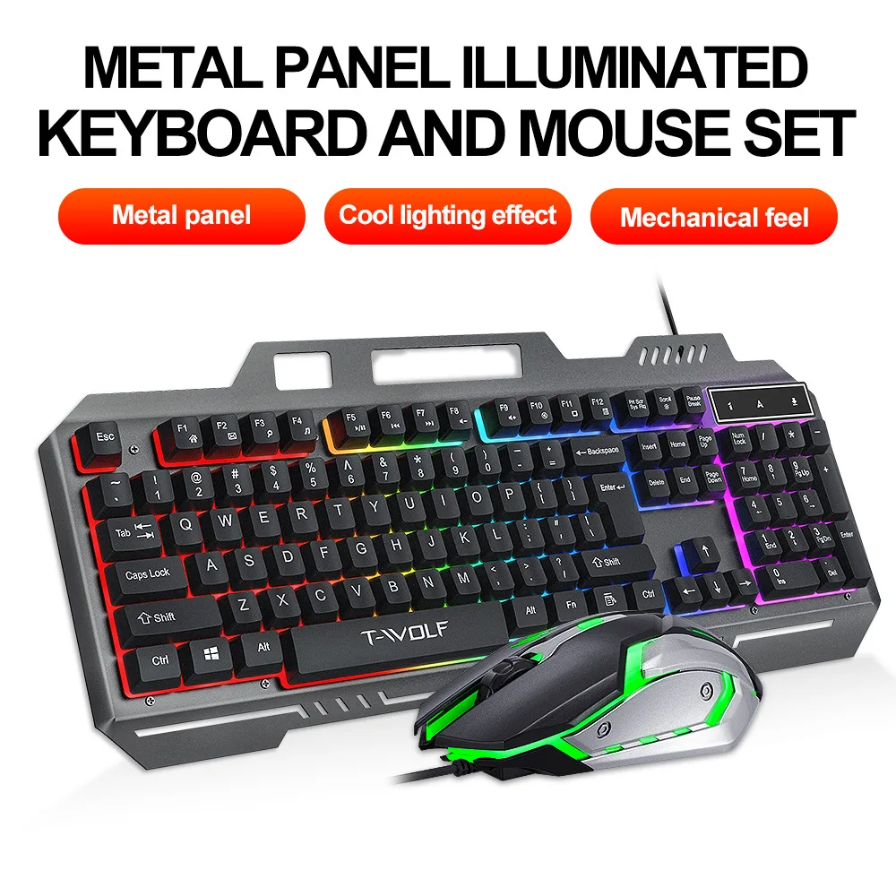 Механическая игровая проводная клавиатура с RGB-подсветкой и мышью, металлическая панель, эргономичный комплект для ПК, ноутбука, планшета.