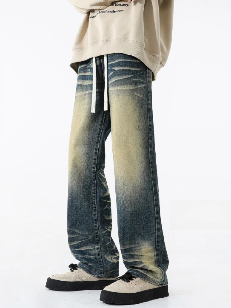 

Loose Straight Leg Men's Jeans Autumn Winter New Style American Retro Cool High Street Wide Leg Pants Youth Wear Cotton Denim