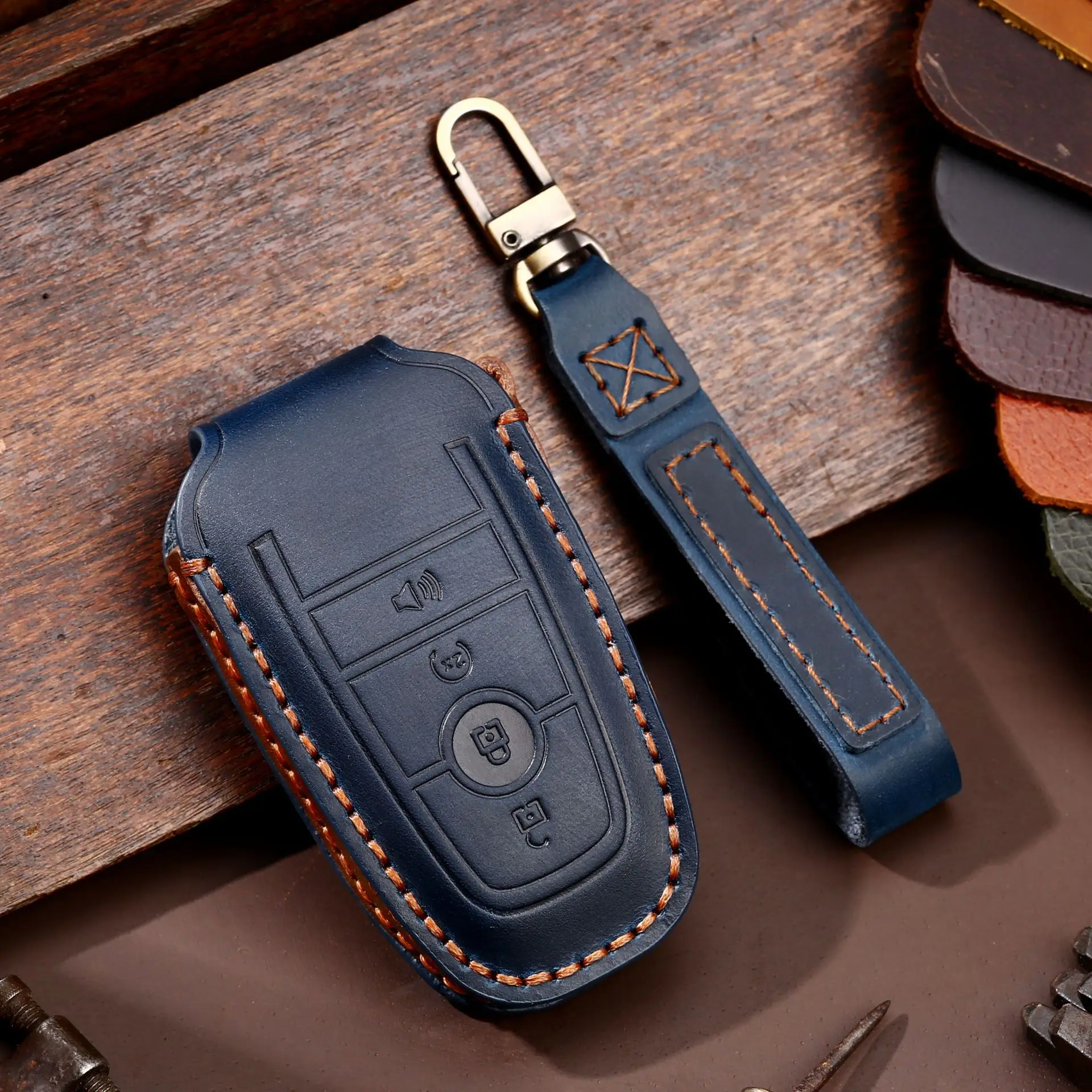 Leather Car Key Case Cover for Ford Mondeo Explorer Edge Expedition F250 F150 F-350 F-450 Fusion Mustang Everest Lincoln MKX MKC