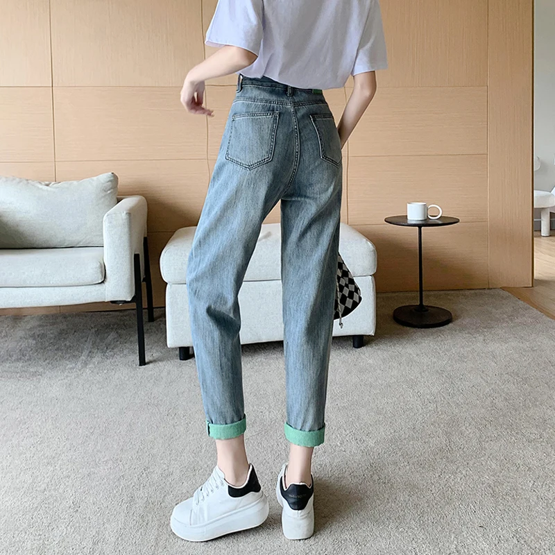 Thời Trang Mới Màu Sắc Tương Phản Slouchy Quần Jean Baggy Nữ Cao Cấp Bạn Trai Quần Bé Gái Màu Xanh Dễ Thương Rời Harem Quần Denim