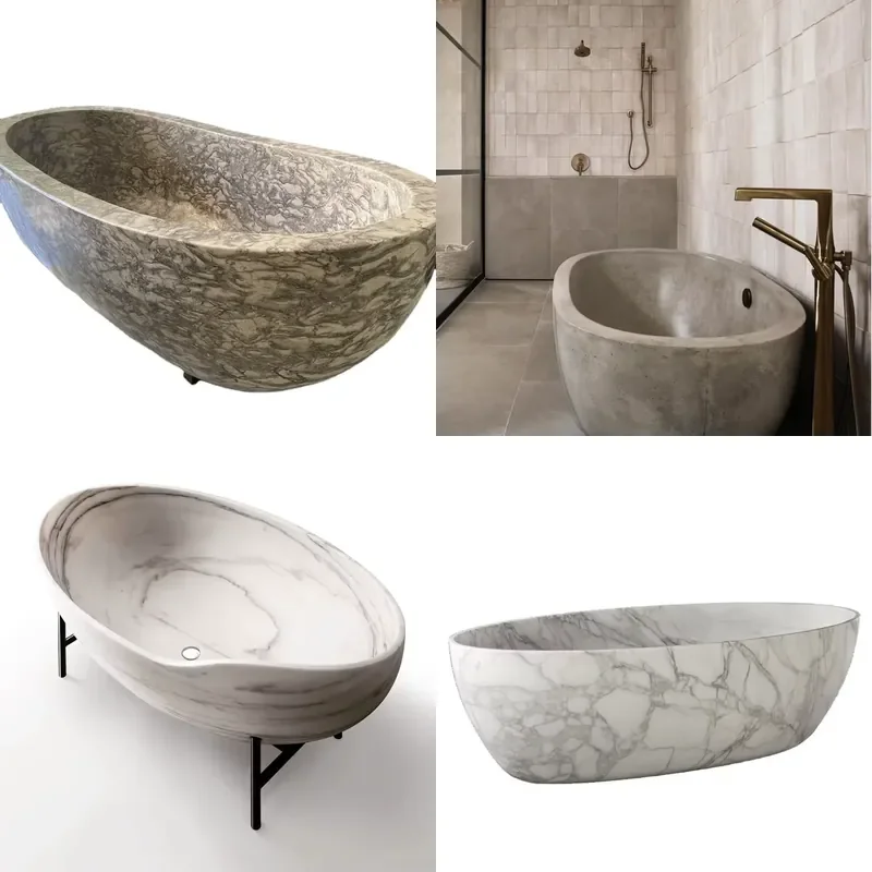 Luxury Freestanding Bathtub Solid Surface Stone Tub Marble Look Bathroom Soaking Bath