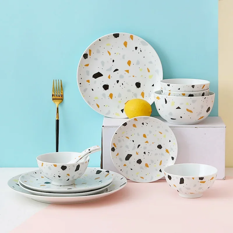 Terrazzo Ceramic Dinner Plate, Rice Soup Bowl, Tableware, Fruit Salad, Dessert Dishes, Noodles Bowl, Spoon Snack Tray