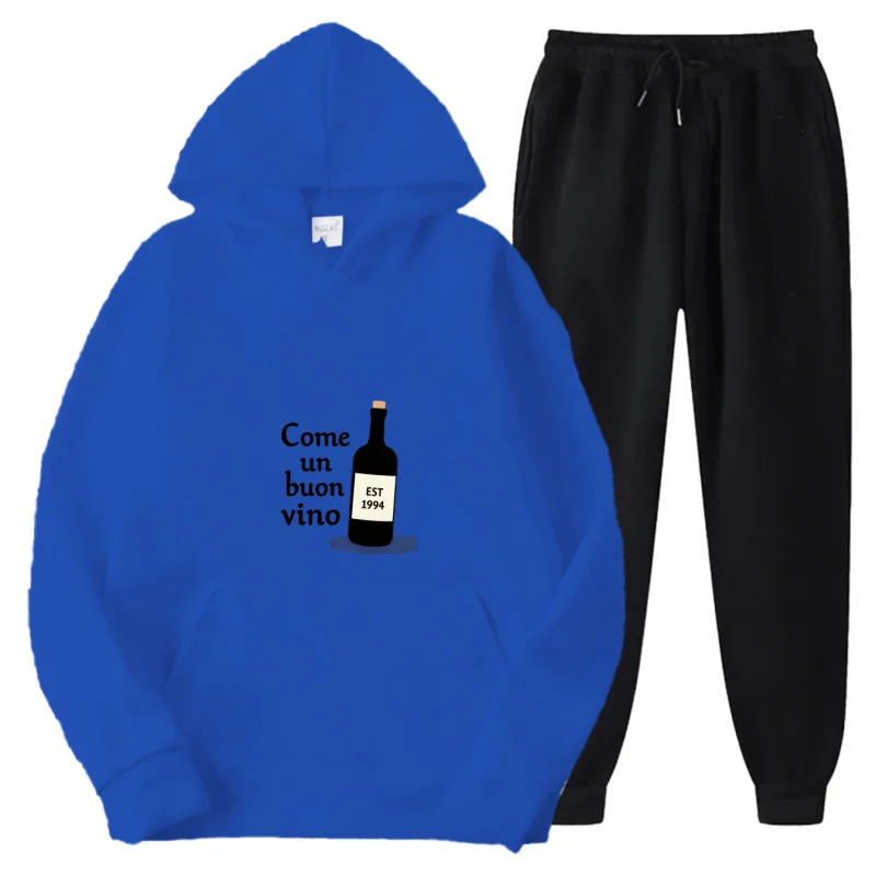 Серый комплект с капюшоном с принтом «Бутылка вина» Come Un Buon Vino, толстовка и брюки с текстовым дизайном, одинаковый наряд