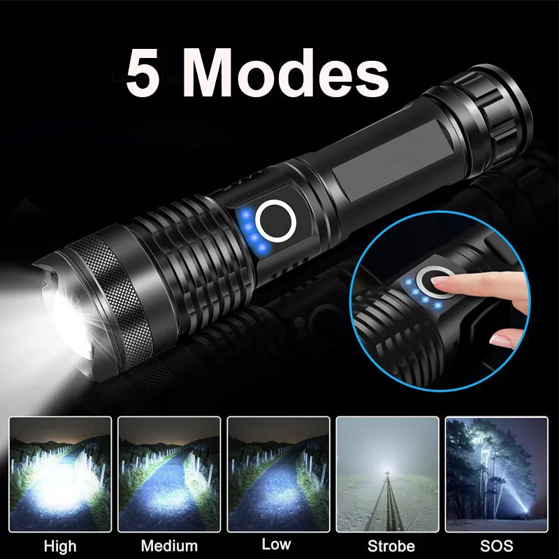 High Power LED Flashlight Super Bright Aluminum Alloy USB Rechargeable Torch With 26650 Battery Zoomable Flash Light for Hunting