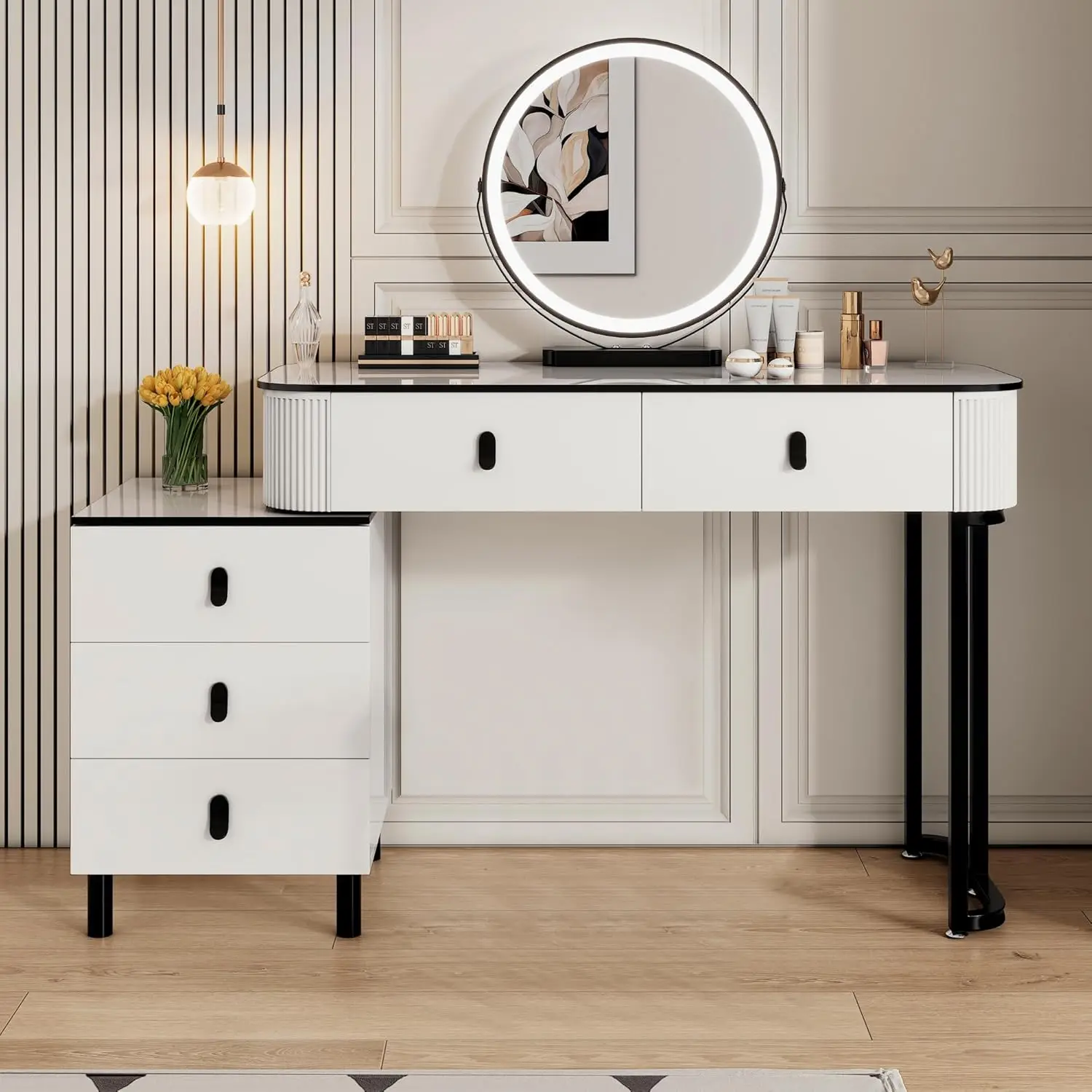 Modern Vanity Desk With Mirror And Led Lights, Small Retractable Makeup Combo With Adjustable Cabinet, Dressing Table Set With