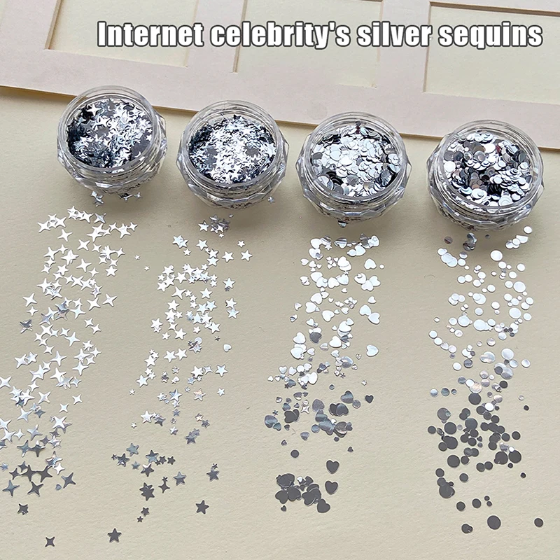#1 Jar Shiny Silver Sequins Mix Shapes Starlight Love Star Slice Decals Manicure Paillette Charms Nail Art Stickers.