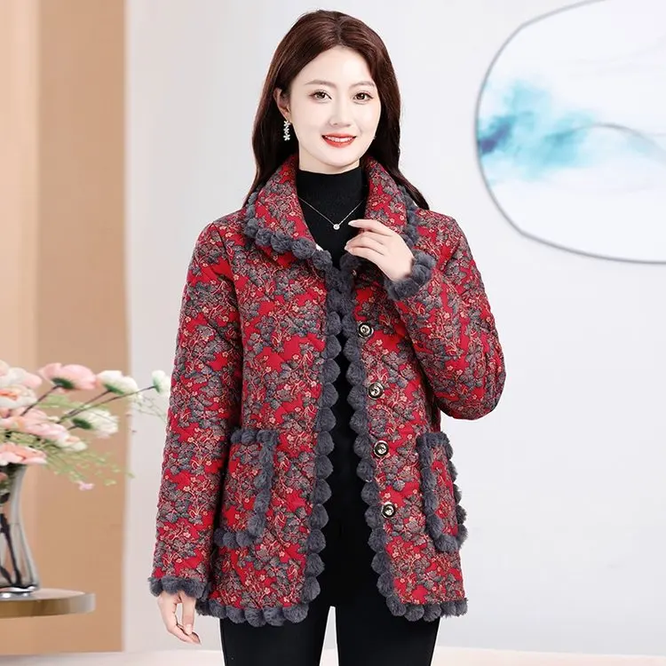

Floral Print Fce Lined Thiened ort Cotton Jaet Collared Winter Coat for Older Women Warm Sli Mommy Clothes
