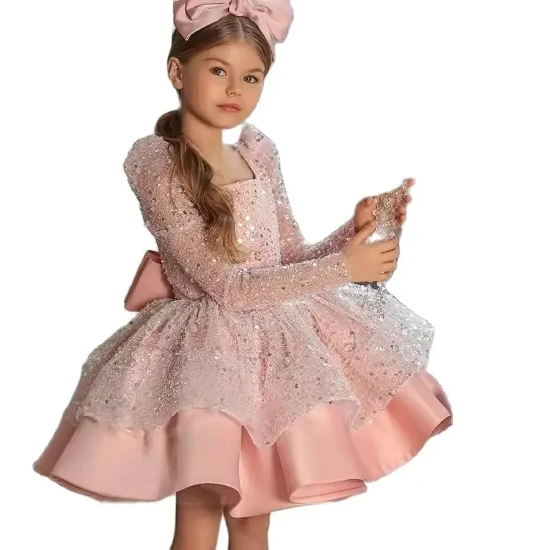 White Glitter Illusion Lush Girl Party Dresses Layers Puffy Girl Princess Dress Shiny luxurious Birthday First Communion Dresses