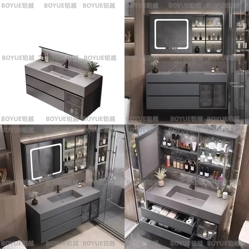 Modern Light Luxury Bathroom Vanity Set with Integrated Ceramic Sink Wall Mounted Washbasin Cabinet Combo for Toilet Area