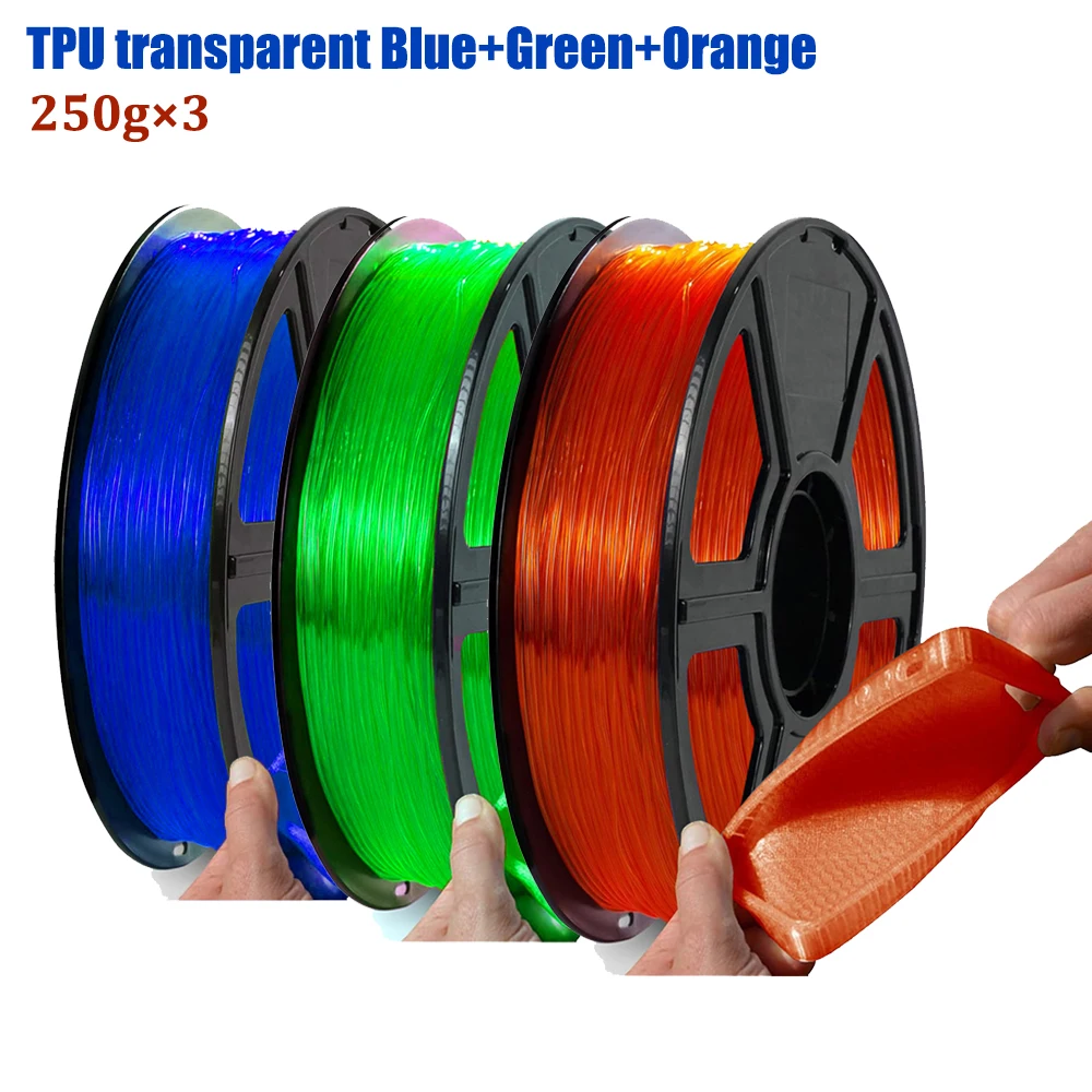 

Нити для 3D-печати из ТПУ, 1,75 мм, 95 А, точность размеров +/- 0,02 мм, 250 г, прозрачный комбинированный рулон