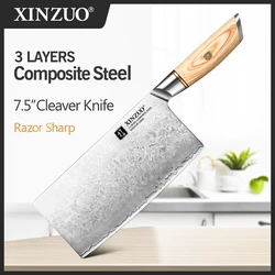 XINZUO 7.5 Inch Cleaver Knife with Pakkawood Handle Customized Three-layer Clad Steel Meat Slicing Nakirir Kitchen Knives