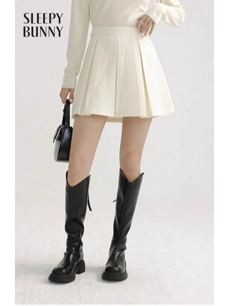 

High Waist Pleated Mini Skirt for Women A-Line Wool-like Tweed Short Skirt Korean Elegant Preppy Style Skirt Lady Winter Outfit