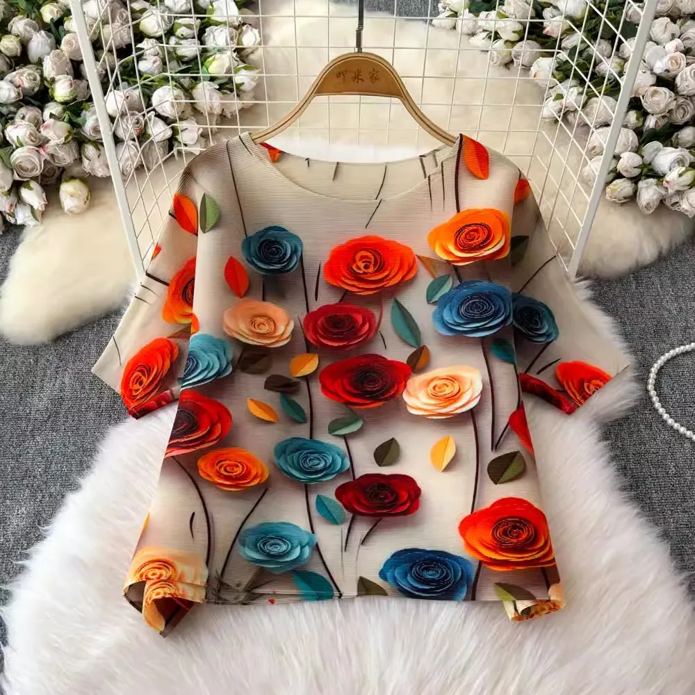 

Gorgeous 3D Rose Miyake Pleated Blouses Shirts For Women High Stretchy Batwing Sleeve Floral Print Casual Loose Chiffon Tops