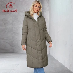 HaiLuoZi 2024 Zimowy płaszcz damski Plus Size Długi płaszcz Parker Pas Ciepła bawełniana kurtka damska z kieszeniami Moda damska 628