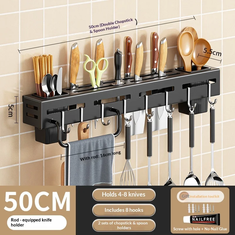 Wall Mount Kitchen Organizer Knife Rack Integrated Cutlery Storage with Spoon Container Hooks for Kitchen Gadget Arrangement