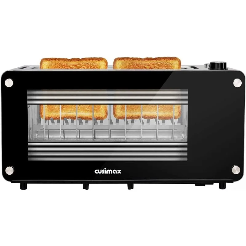 2 Slice Toaster Long Slot with Glass Window Bagel Toasters,Slide-out Glass Panel and Removable Crumb Tray,Black Toaster