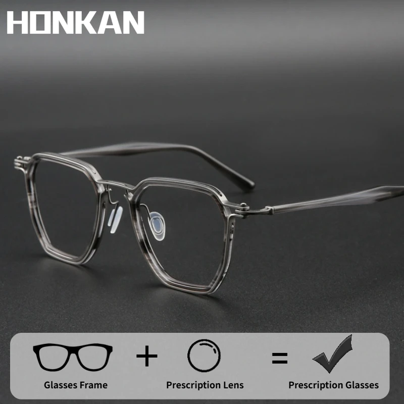 

HONKAN Titanium Frame Eyeglasses 160mm Large Size Frame Retro Polygonal Men's Glasses Wide Face Optical Prescription Glasses