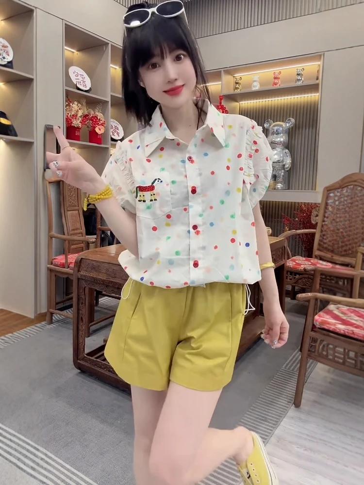 

Summer Polka Dot Print Ne ort Sve irt Women's Loose Fit Dstring Top adient Dyeing Cartoon Design